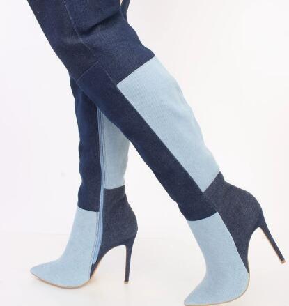 Street Fashion Denim - Botas Femininas Longas de Jeans Azul