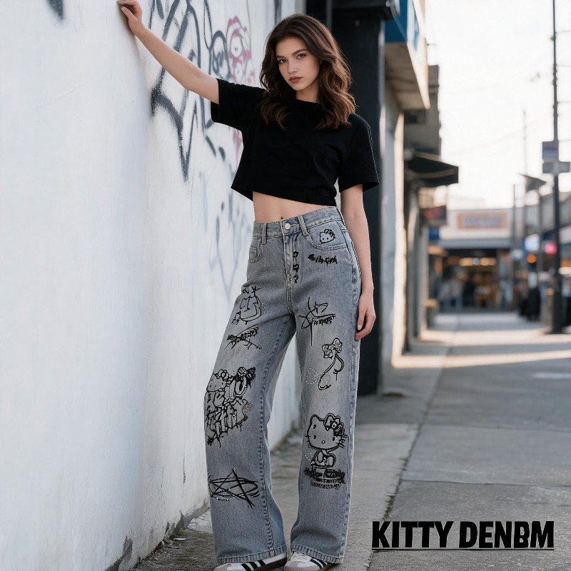 Jeans Femininos Casuais de Cin - Street Fashion Graffiti avaliação e preço