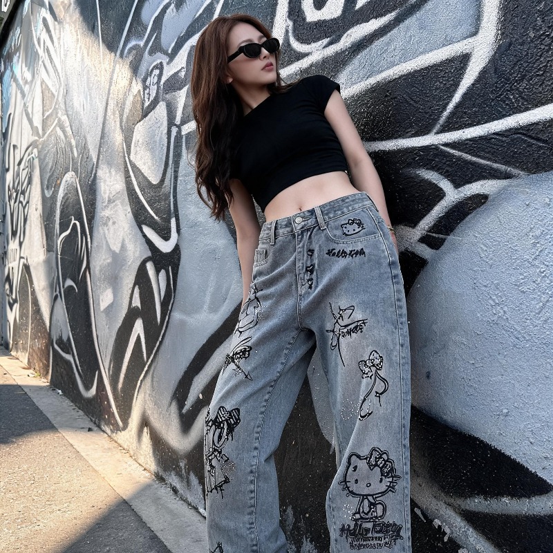 Jeans Femininos Casuais de Cin - Street Fashion Graffiti avaliação e preço